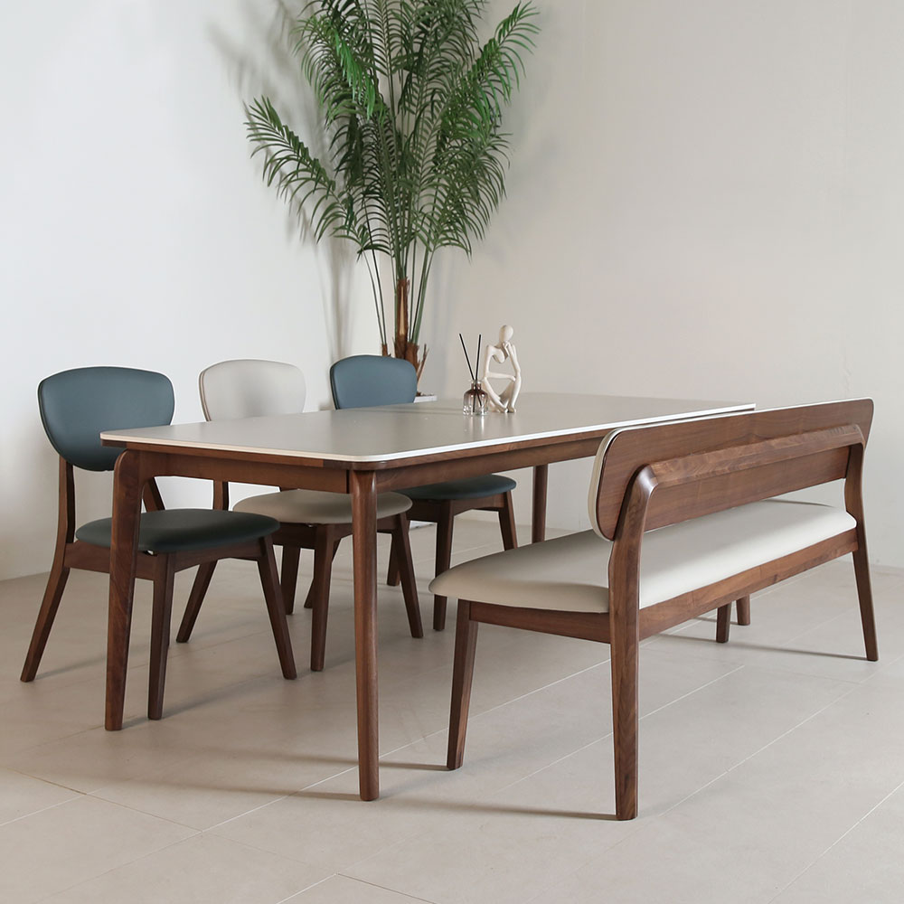 스코나 카튼스 호두나무 월넛 원목 포세린 세라믹 6인 식탁세트(벤치1개+의자3개)