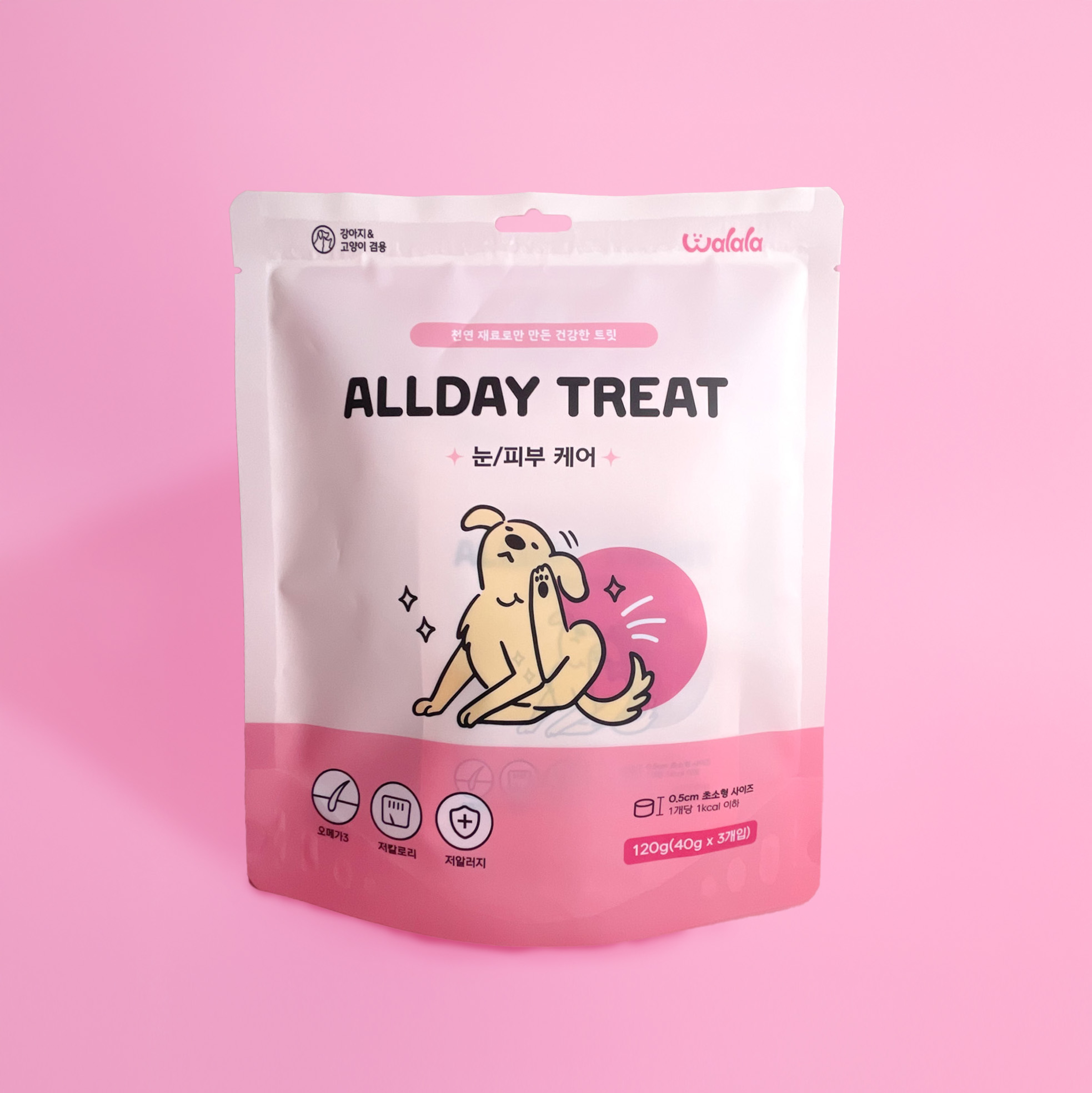 왈랄라 올데이 케어 트릿 강아지 고양이 저알러지 훈련용 간식 눈/피부, 120g, 1개