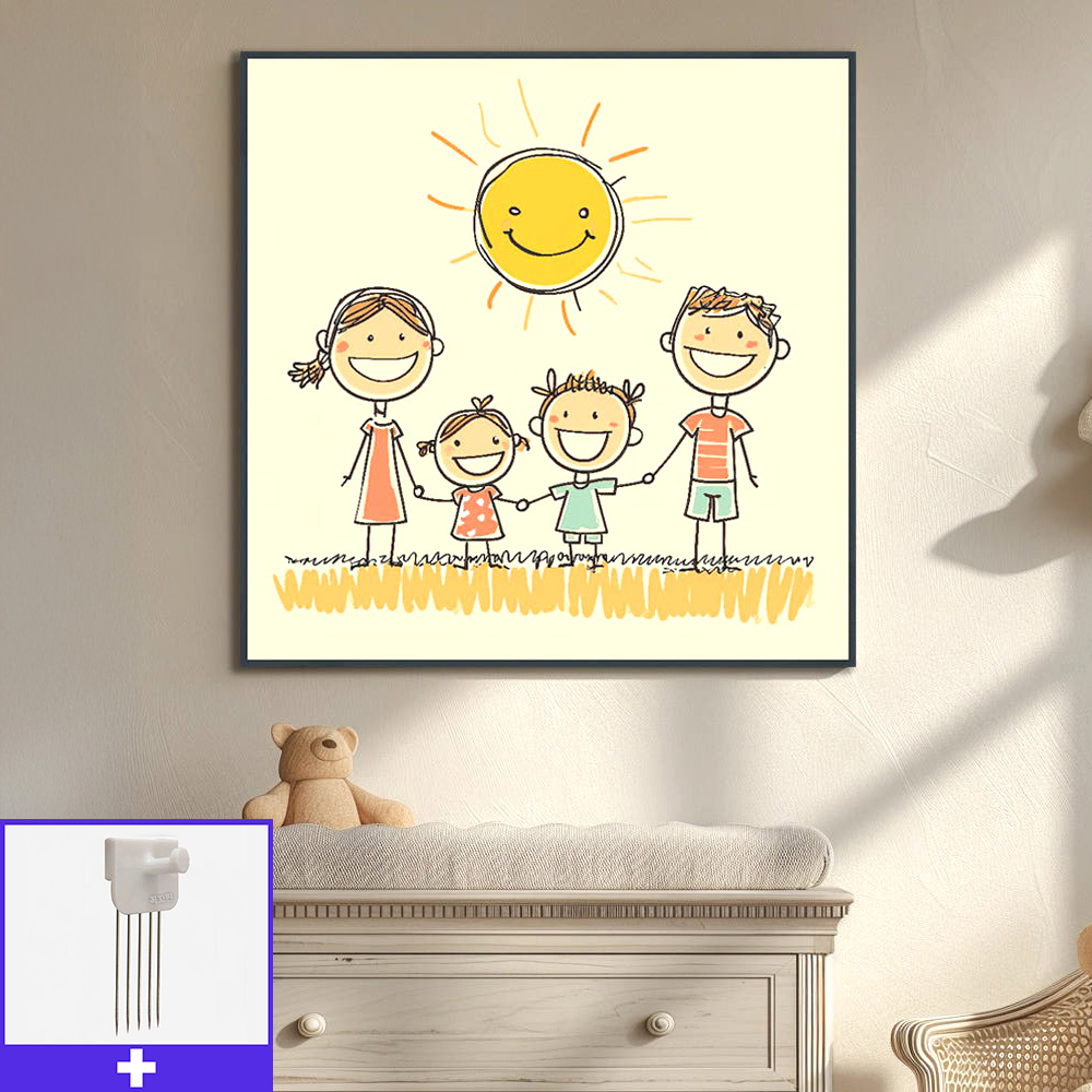 행복한가족 80cm x 80cm 무광블랙 알루미늄액자 일러스트그림