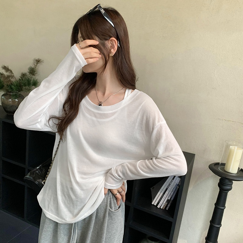 여성 루즈핏 시스루 긴팔티 레이어드 세트 화이트 S - 상세 이미지 4
