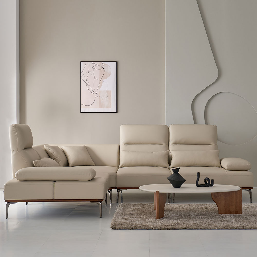 스코나 브로드 실리콘레더 애쉬원목 가죽 스윙 소파 스툴포함, 라이트베이지, 코너 5인용