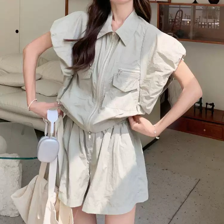 반팔 집업 셔츠 반바지 세트업 아노락 무드 캐주얼룩 그레이 그린 S - 상세 이미지 2