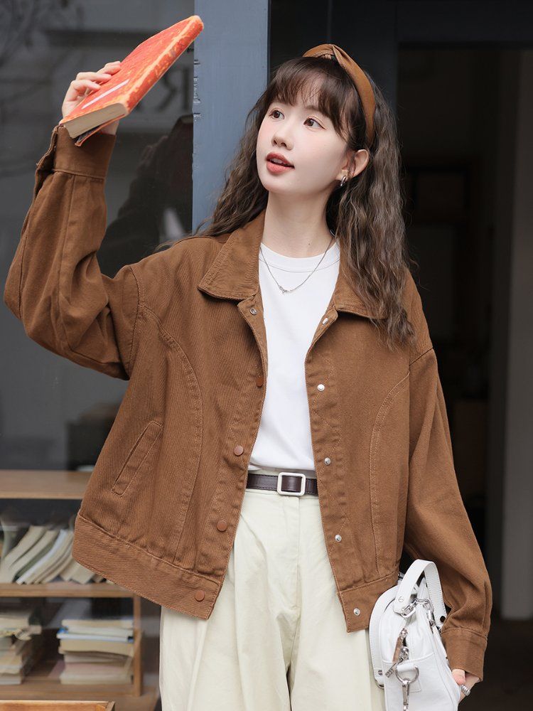베이직 루즈핏 코튼 면자켓 여성 간절기 아우터 봄 가을 화이트 딥브라운 - 상세 이미지 3