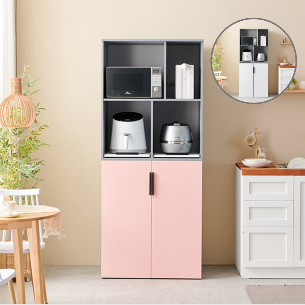 홈트리가구 키큰 렌지대 수납장 시리즈 - 주방 수납장 전자레인지 밥솥 하부 2도어 800mm, 5단, 핑크그레이