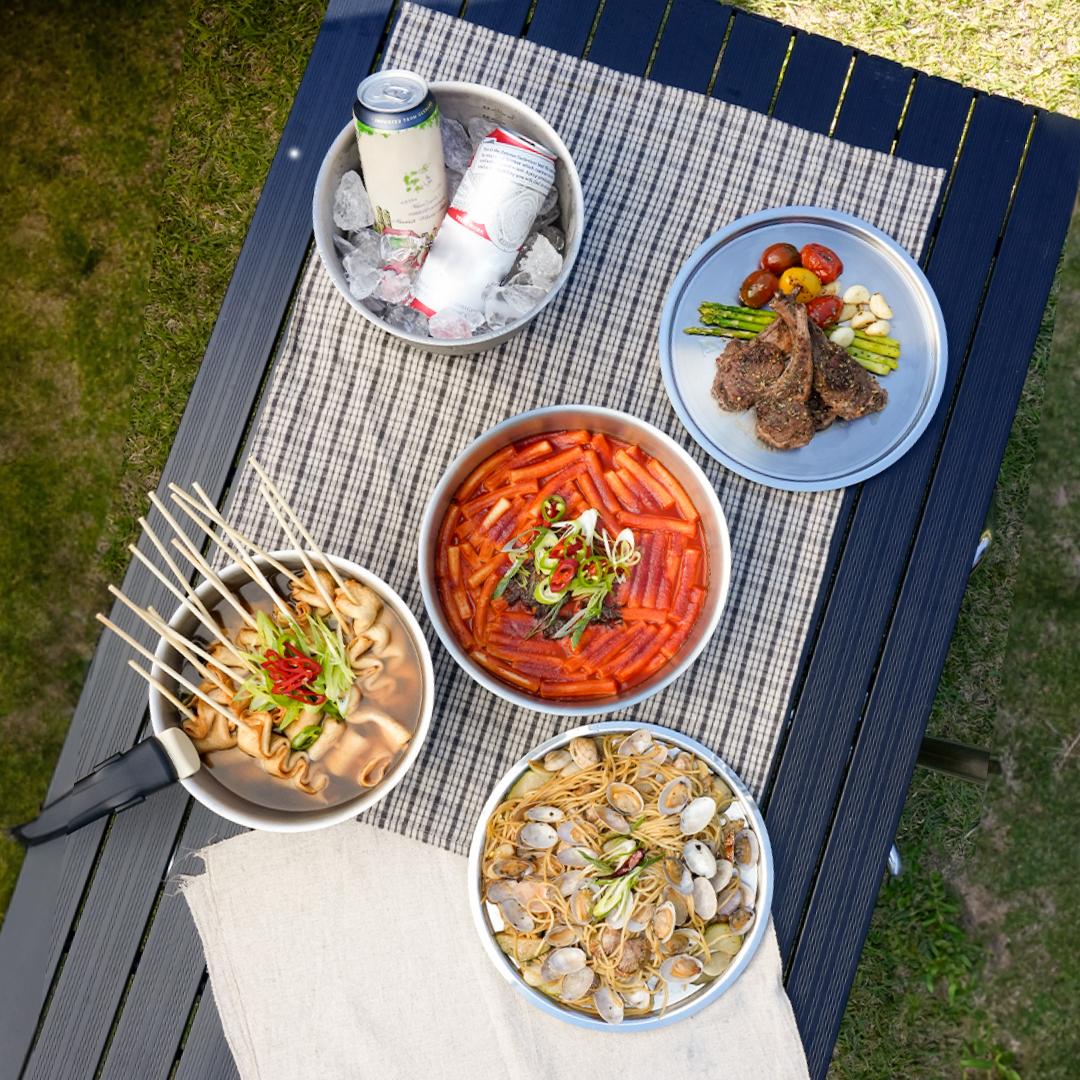 롤스보일 코펠세트 국산 스텐 통3중 후라이팬 냄비 접시 세트 감성캠핑 12p (+전용파우치) / 포토리뷰