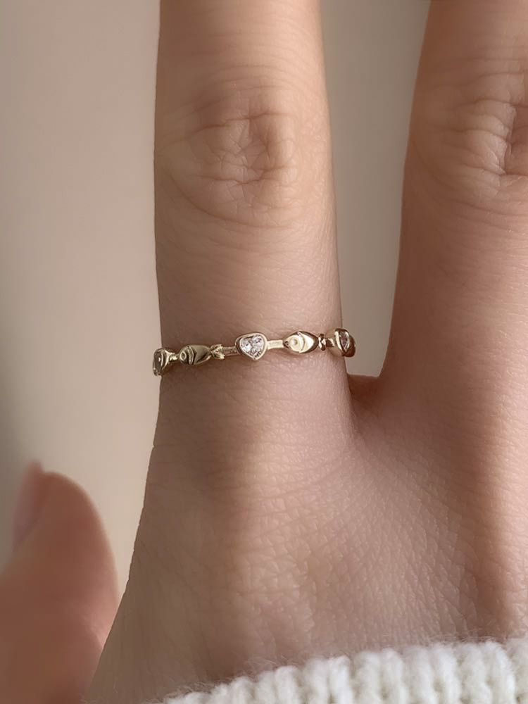 [무배] 14k 하트 물고기반지 5-21호 - 큐빅 모녀링 우정 행운 소원 수능