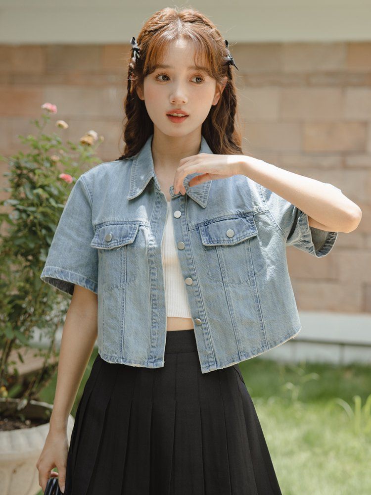 여성 여름 반팔 데님 청자켓 기본 크롭 아우터 연청 - 상세 이미지 2
