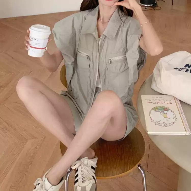 반팔 집업 셔츠 반바지 세트업 아노락 무드 캐주얼룩 그레이 그린 S - 상세 이미지 4