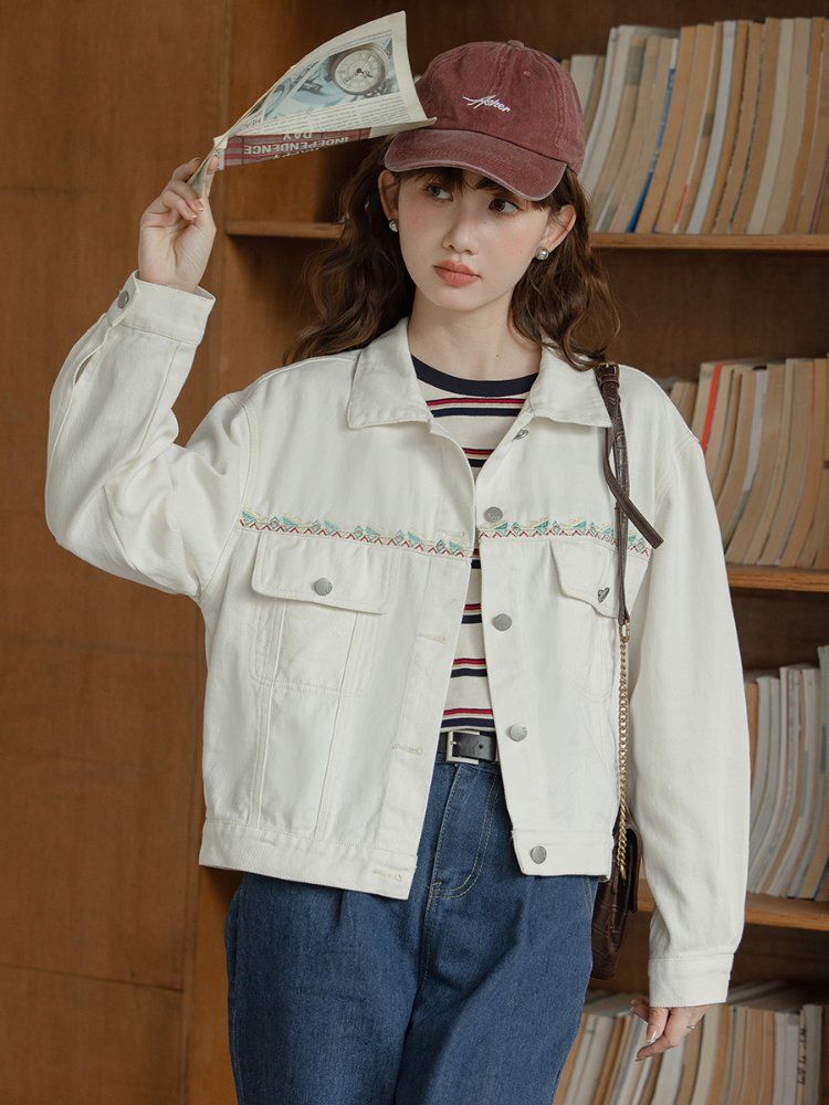 자수 포인트 루즈핏 여성 데님 청자켓 간절기 봄 가을 아우터 연청 아이보리 - 상세 이미지 3