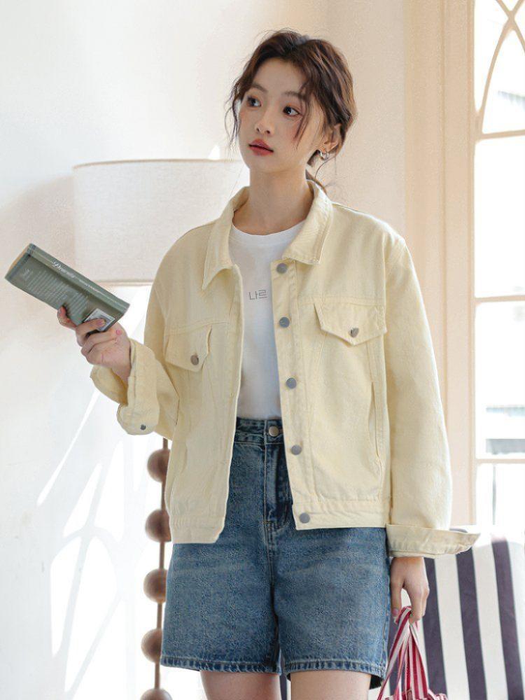 루즈핏 하트자수 데님 코튼 면자켓 여성 간절기 아우터 봄 가을 연노랑 - 상세 이미지 4
