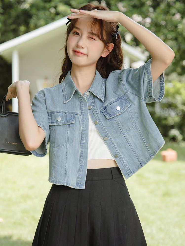여성 여름 반팔 데님 청자켓 기본 크롭 아우터 연청 - 상세 이미지 3