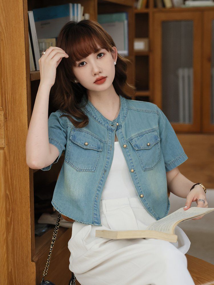 반팔 데님 청자켓 여성 여름 캐주얼 크롭 아우터 연청 - 상세 이미지 4