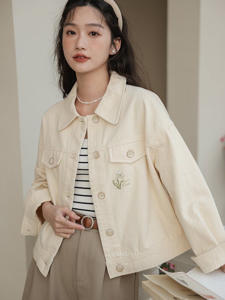 간절기 데일리 면 크롭 숏자켓 자수 아우터 여리핏 여성자켓 베이지 핑크 민트 봄 가을 - 상세 이미지 4