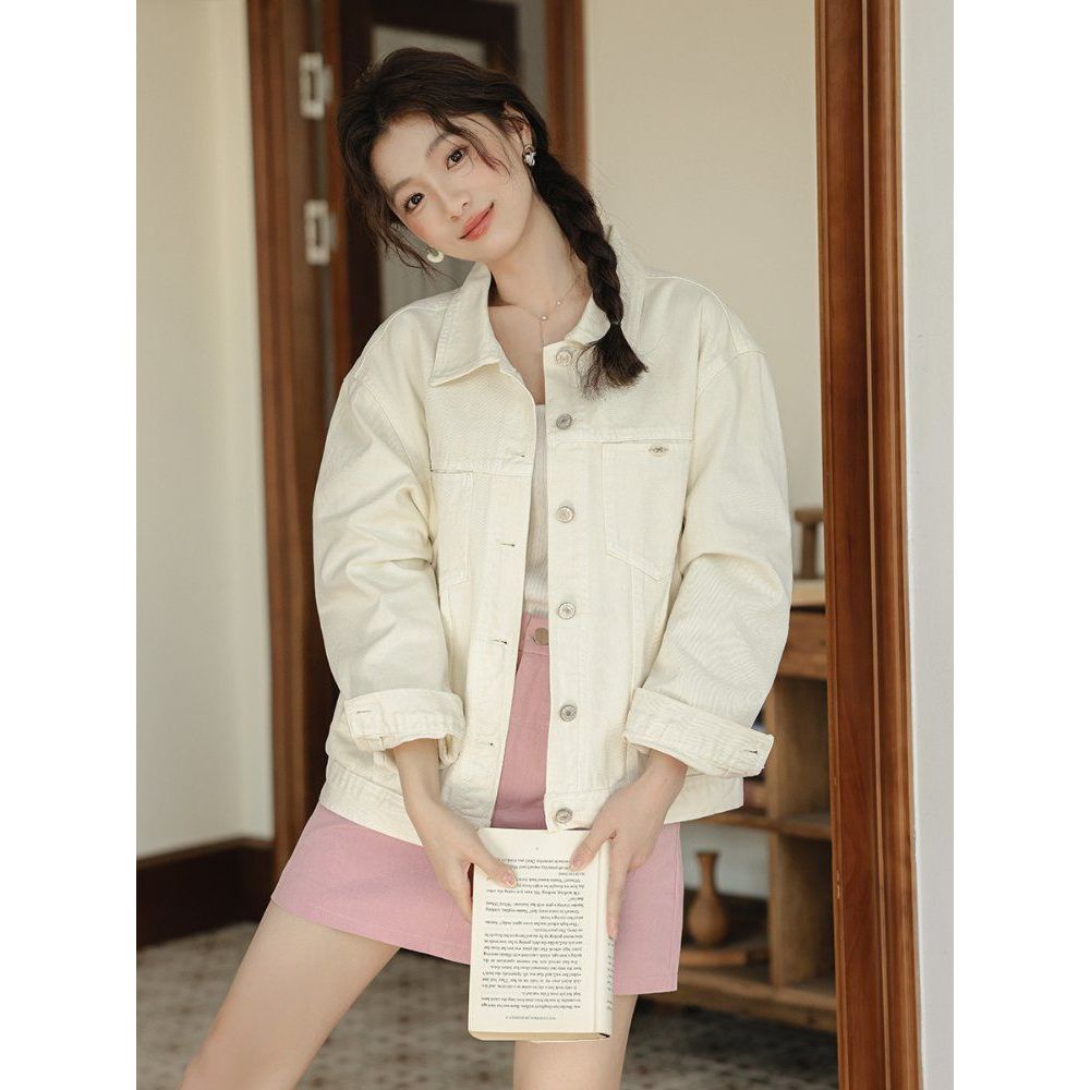 베이직 데님 코튼 면자켓 여성 간절기 아우터 봄 가을 핑크 아이보리 - 상품 이미지