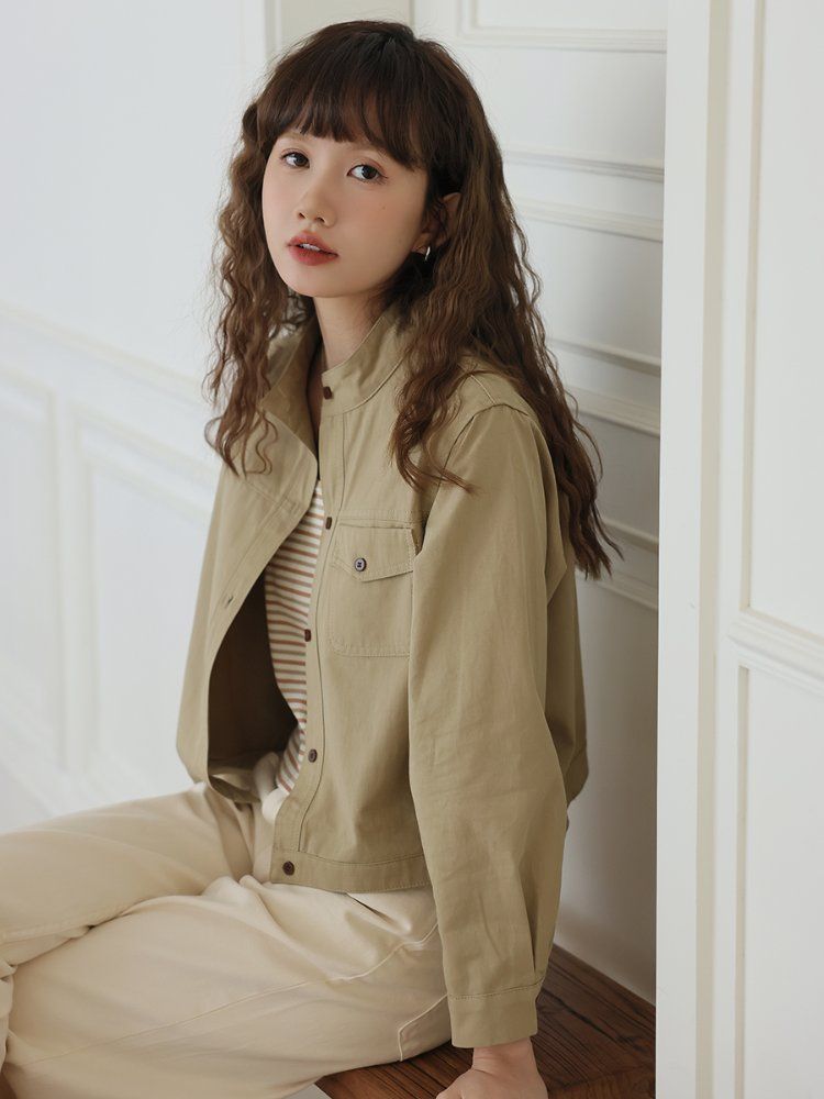 심플 스탠드카라 포켓 면자켓 여성 간절기 아우터 봄 가을 베이지 - 상세 이미지 4