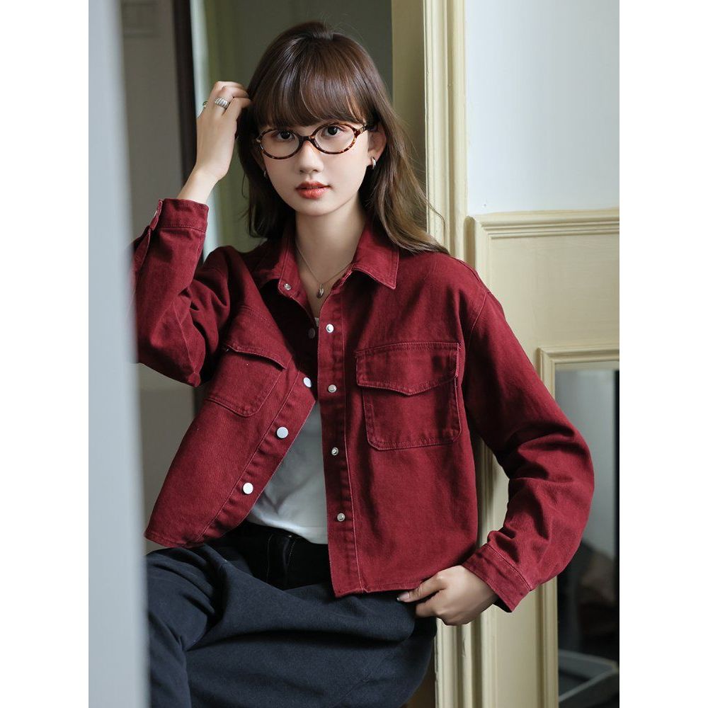 베이직 크롭 데님 코튼 면자켓 여성 간절기 아우터 봄 가을 버건디 브라운