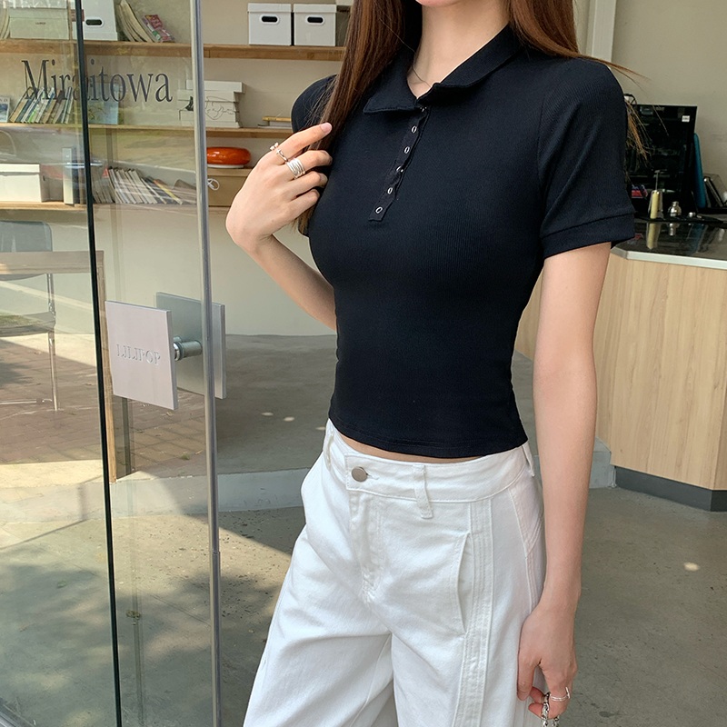 슬림핏 폴로 크롭 반팔 티셔츠 베이직 데일리룩 화이트 S - 상세 이미지 3