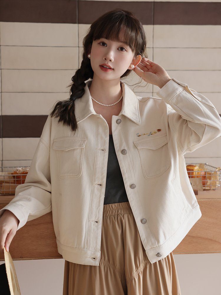 레터링 자수 루즈핏 데님 코튼 면자켓 여성 간절기 아우터 봄 가을 아이보리 - 상세 이미지 2