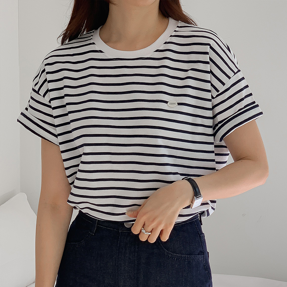 라운드 스트라이프반팔 티 오버핏 여성 여름 맨투맨 티셔츠 이미지 6