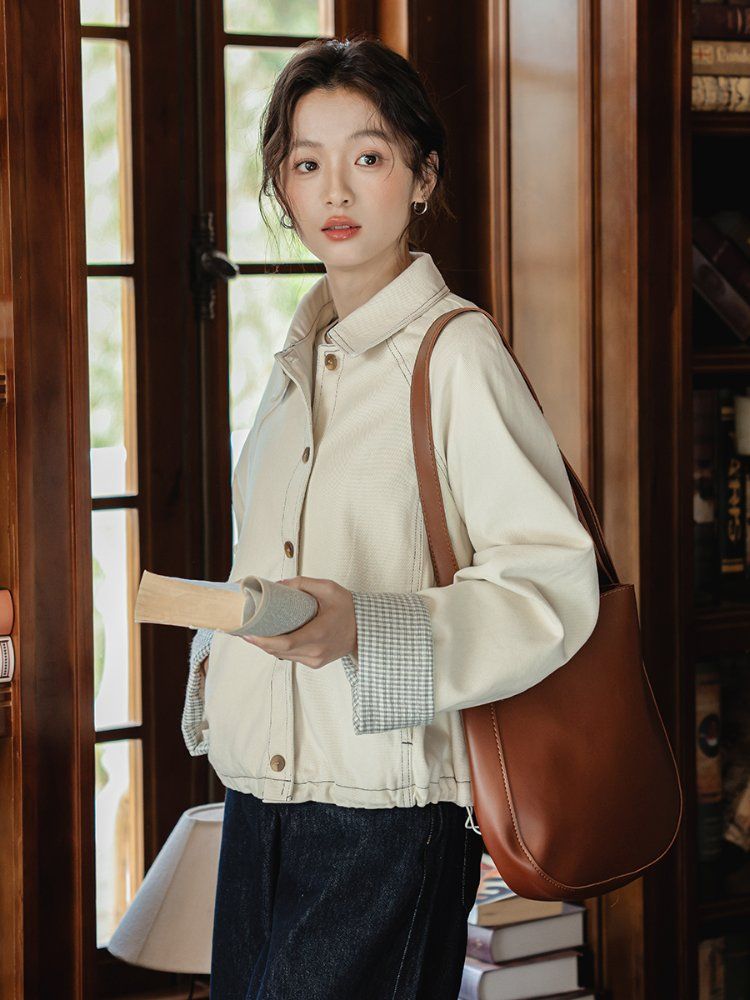 스티치 체크배색 코튼 면자켓 여성 간절기 아우터 봄 가을 아이보리 - 상세 이미지 4