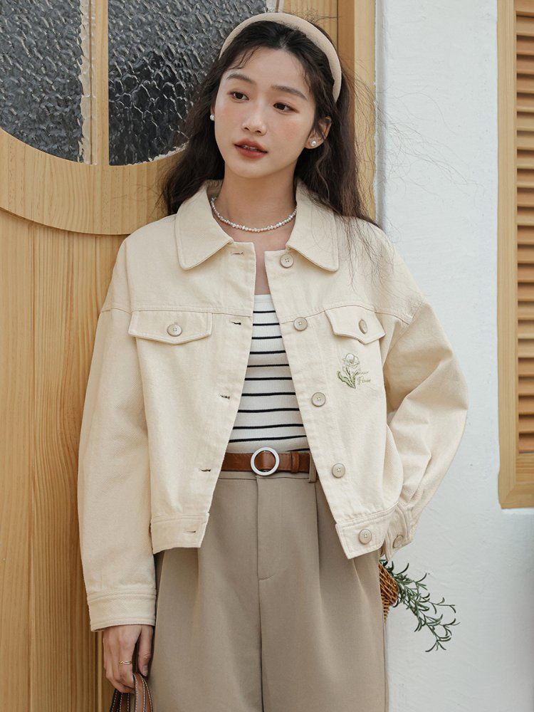 플라워 자수 카라 면자켓 여성 간절기 아우터 봄 가을 아이보리 라이트그린 - 상세 이미지 2