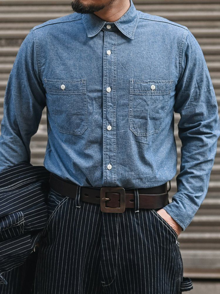 NON STOCK논스탁 샴브레이 셔츠 아메카지 워크웨어 데님남방 입문 브론슨 1950s Light Blue M - 상세 이미지 2