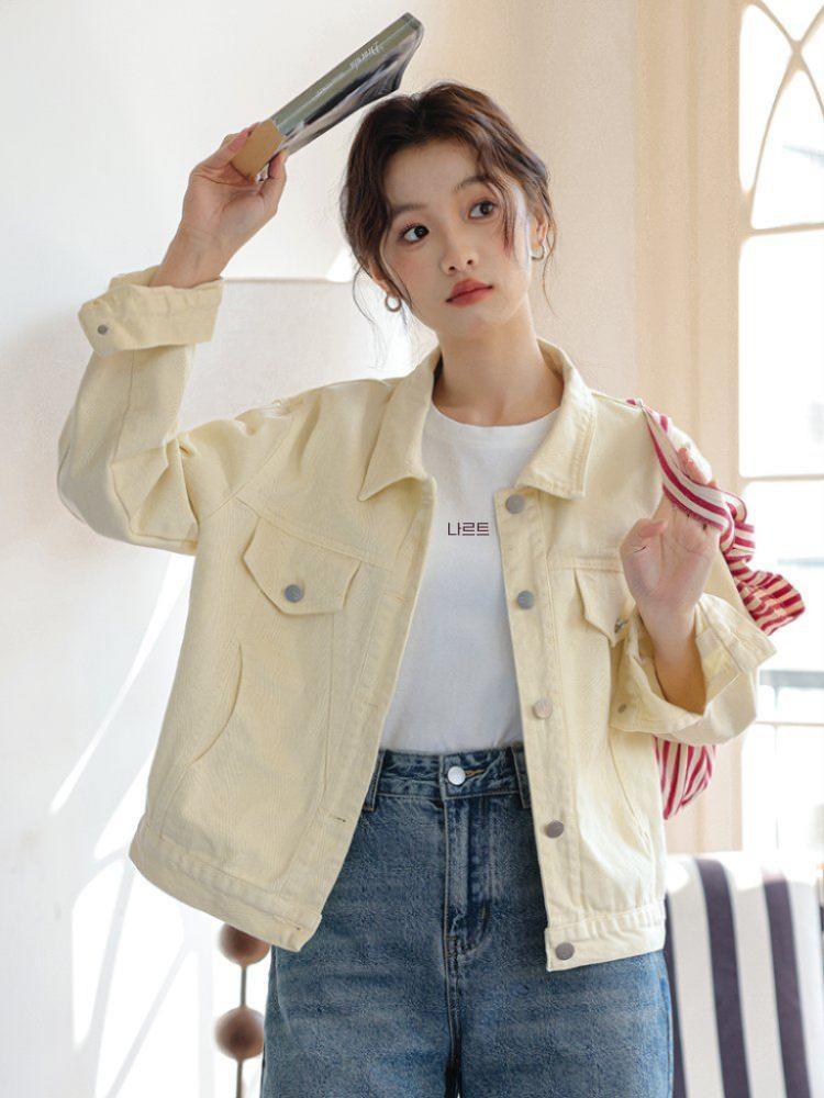루즈핏 하트자수 데님 코튼 면자켓 여성 간절기 아우터 봄 가을 연노랑 - 상세 이미지 2