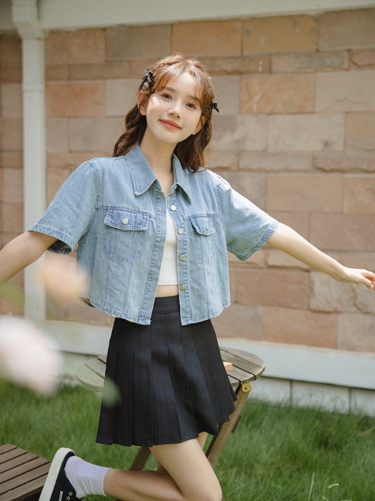 여성 여름 반팔 데님 청자켓 기본 크롭 아우터 연청 - 상세 이미지 4