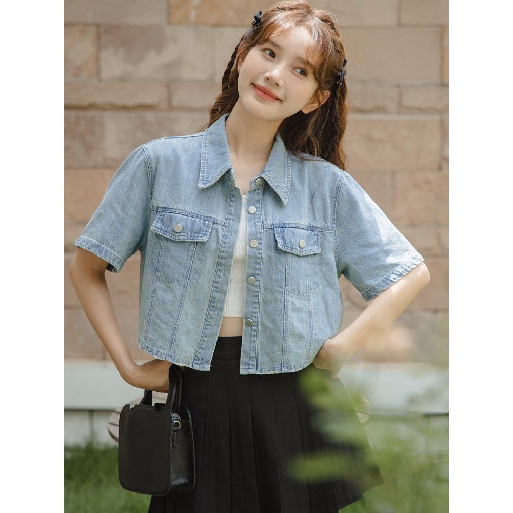 여성 여름 반팔 데님 청자켓 기본 크롭 아우터 연청 - 상품 이미지