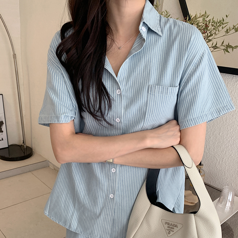 티비에 루즈핏 스트라이프 데님 셔츠 밴딩 롱스커트 세트 - 상세 이미지 2