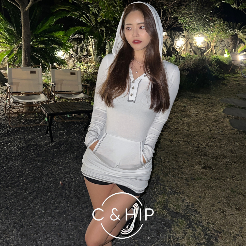 데끼 배색 스티치 단추 포켓 쫀쫀 후드 미니원피스 3color - 상세 이미지 2