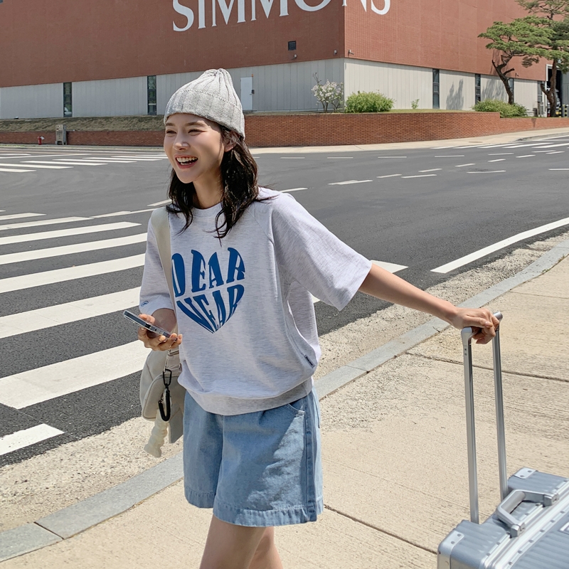 메이블루 디어하트 반팔 맨투맨, 반팔코디, 여자 패션, 러블리룩, 데일리룩