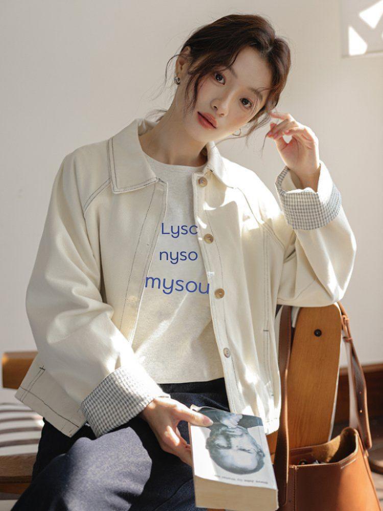 스티치 체크배색 코튼 면자켓 여성 간절기 아우터 봄 가을 아이보리 - 상세 이미지 3