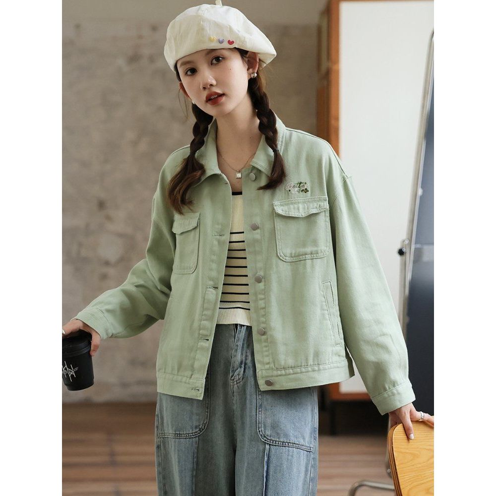 레터링 자수 루즈핏 코튼 면자켓 여성 간절기 아우터 봄 가을 아이보리 민트