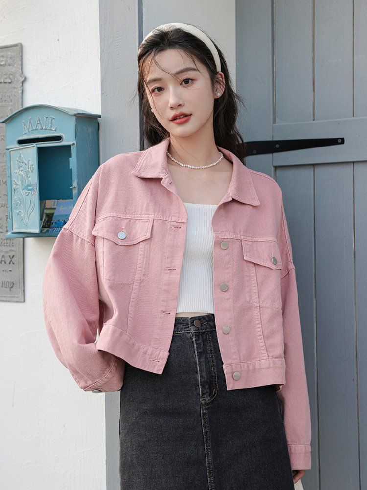 루즈핏 데님 코튼 면자켓 여성 간절기 아우터 봄 가을 애프리콧베이지 핑크 - 상세 이미지 3
