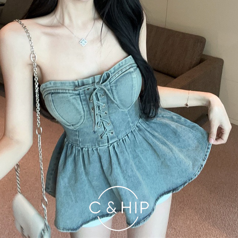 라제 오프숄더 코르셋 아일렛 a라인 패드 튜브 청 데님탑 3color - 상품 이미지