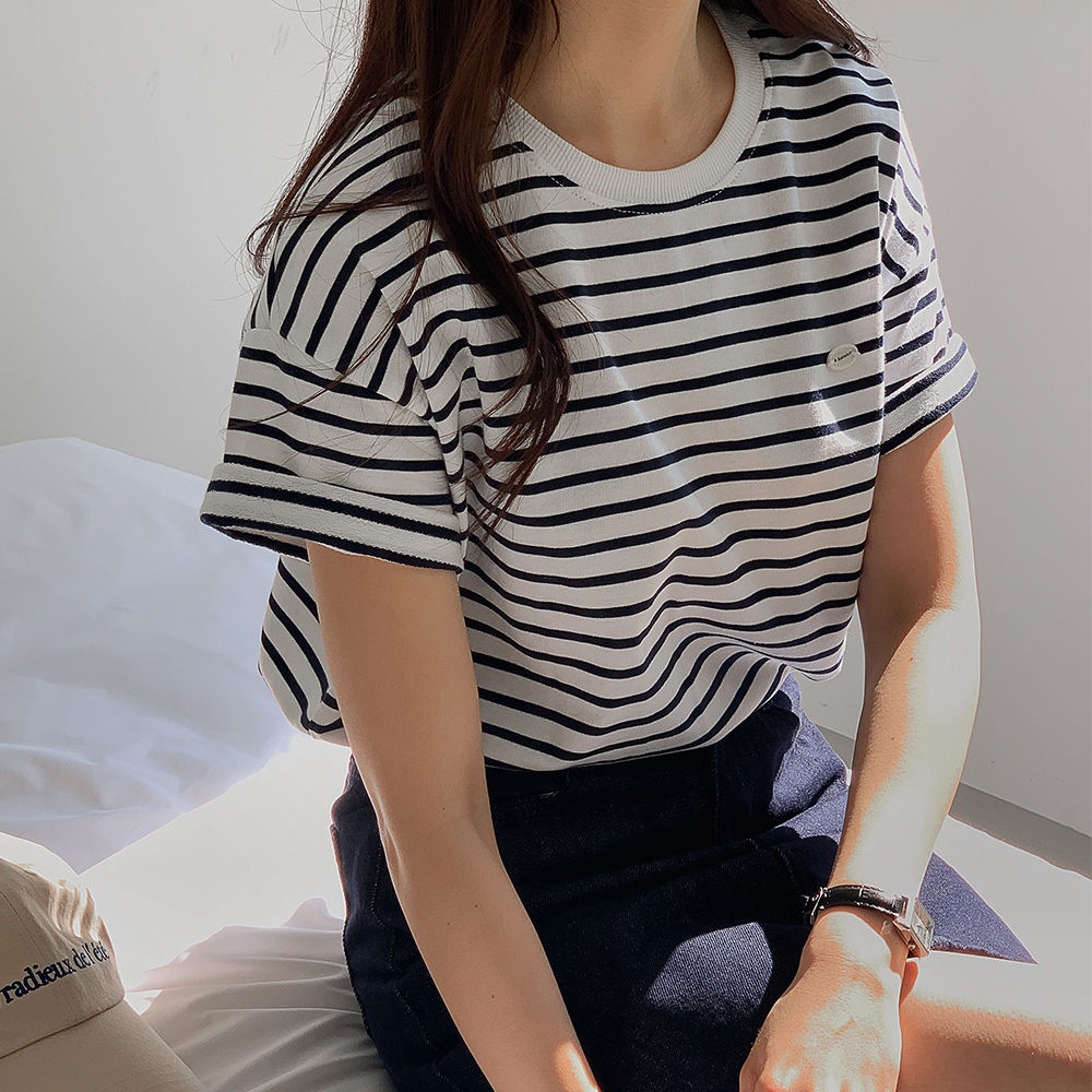라운드 스트라이프반팔 티 오버핏 여성 여름 맨투맨 티셔츠 이미지 7