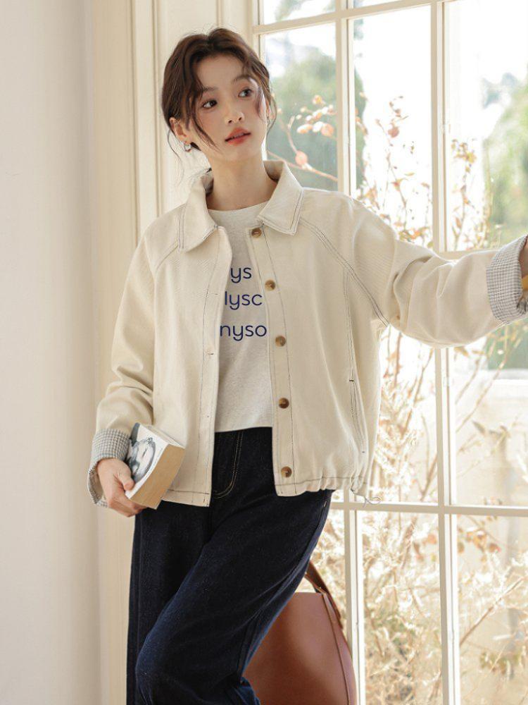 스티치 체크배색 코튼 면자켓 여성 간절기 아우터 봄 가을 아이보리 - 상세 이미지 2