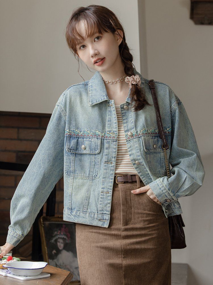 자수 포인트 루즈핏 여성 데님 청자켓 간절기 봄 가을 아우터 연청 아이보리 - 상세 이미지 4