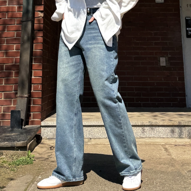 남자 스메 봄 가을 사계절 3단기장 인밴딩 워싱 세미와이드 데님 제품 이미지