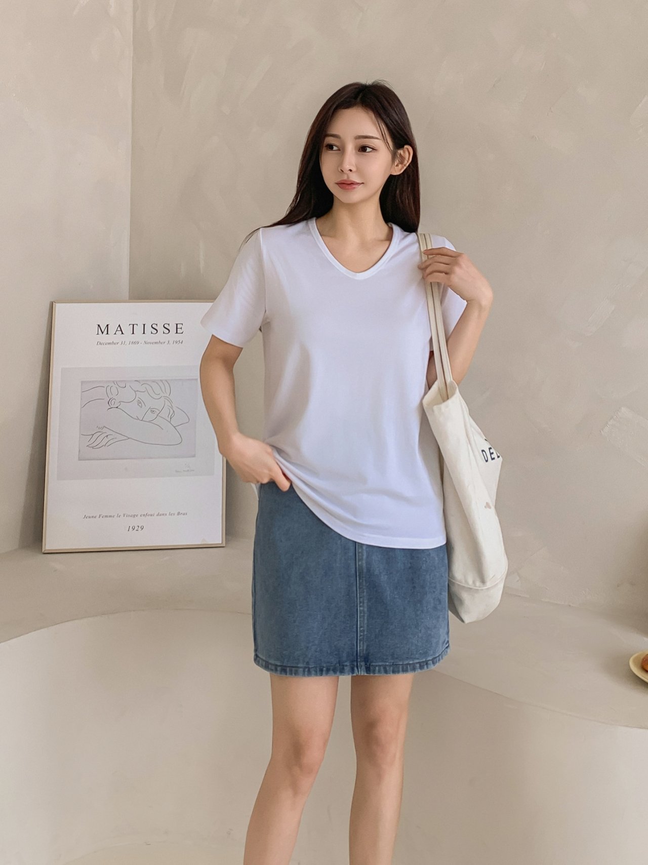 크렌 브이넥 티셔츠 유넥 반팔티 여성 흰티 기본 모달 스판 이너 봄 여름 - 상세 이미지 5
