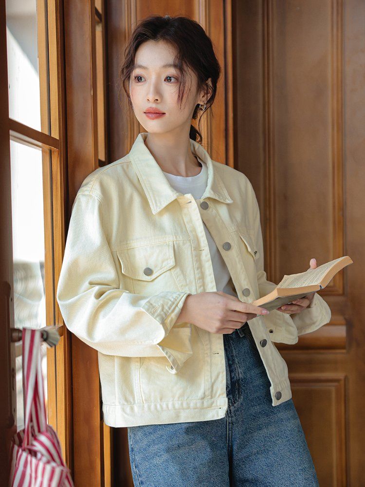 루즈핏 하트자수 데님 코튼 면자켓 여성 간절기 아우터 봄 가을 연노랑 - 상세 이미지 3