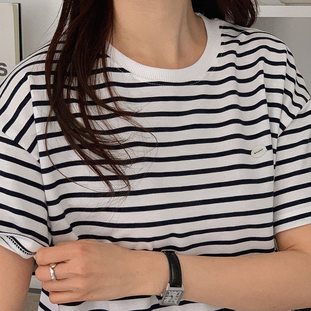 라운드 스트라이프반팔 티 오버핏 여성 여름 맨투맨 티셔츠 - 상세 이미지 3