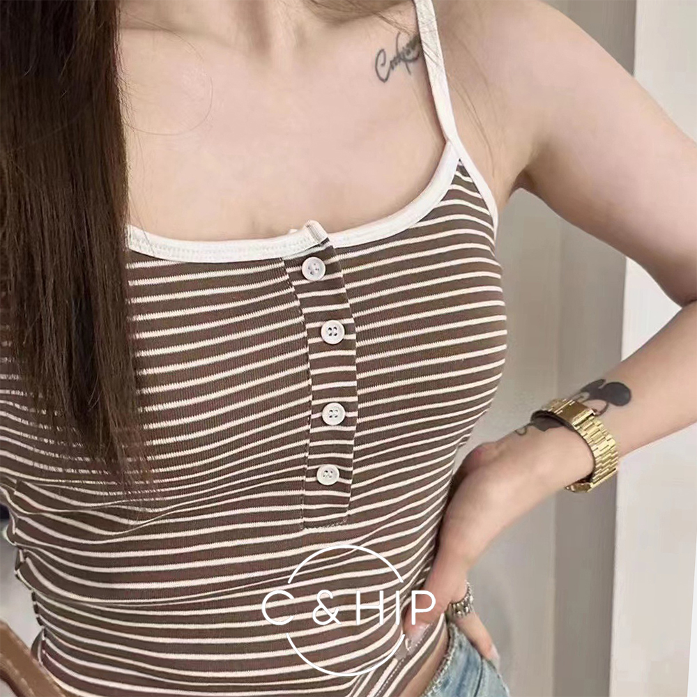 기본 패드 단추 단가라 스트라이프 슬림핏 민소매 나시 티셔츠 5color - 상품 이미지