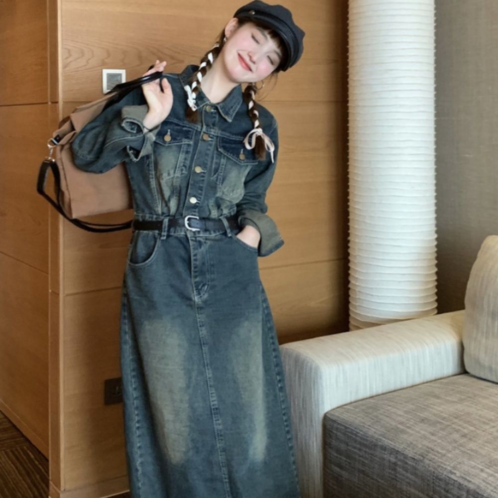 데님 롱원피스 봄가을빅사이즈원피스 롱치마 긴팔데님원피스 카라넥루즈핏원피