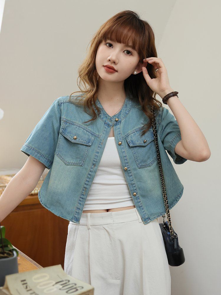 반팔 데님 청자켓 여성 여름 캐주얼 크롭 아우터 연청 - 상세 이미지 2