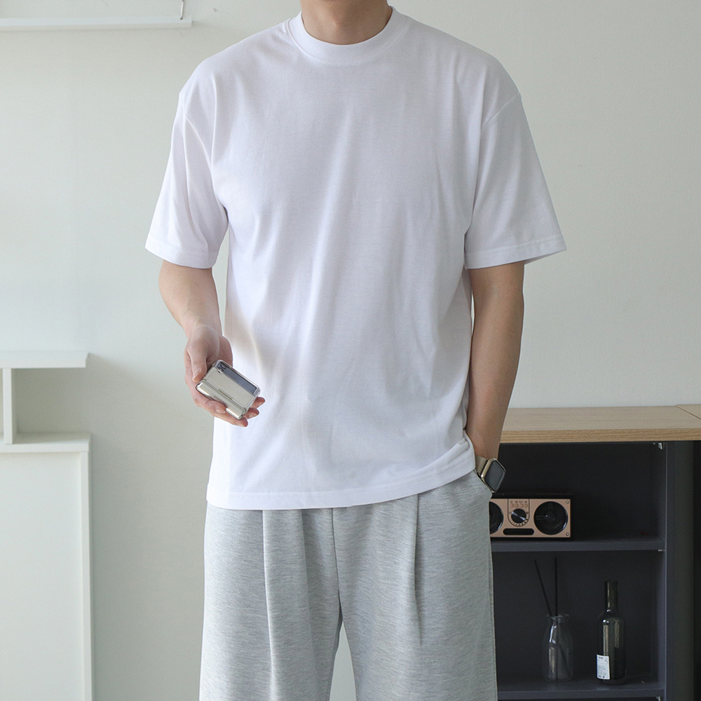 남자 반팔티 오버핏 이너 레이어드 흰색 반팔 티셔츠 - 상품 이미지