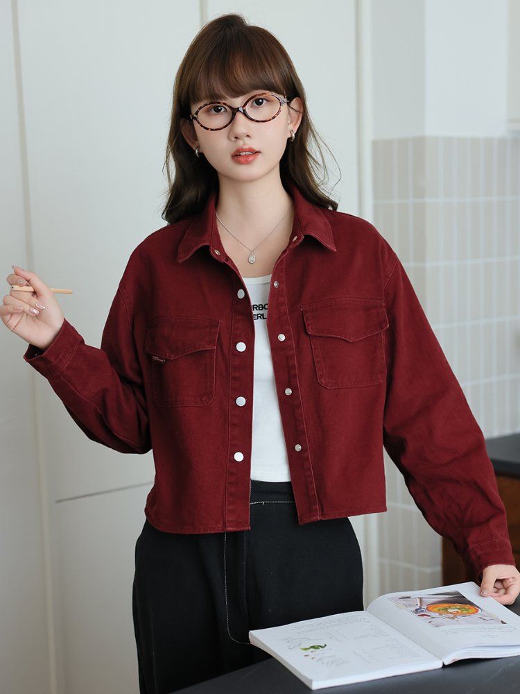 베이직 크롭 데님 코튼 면자켓 여성 간절기 아우터 봄 가을 버건디 브라운 - 상세 이미지 3
