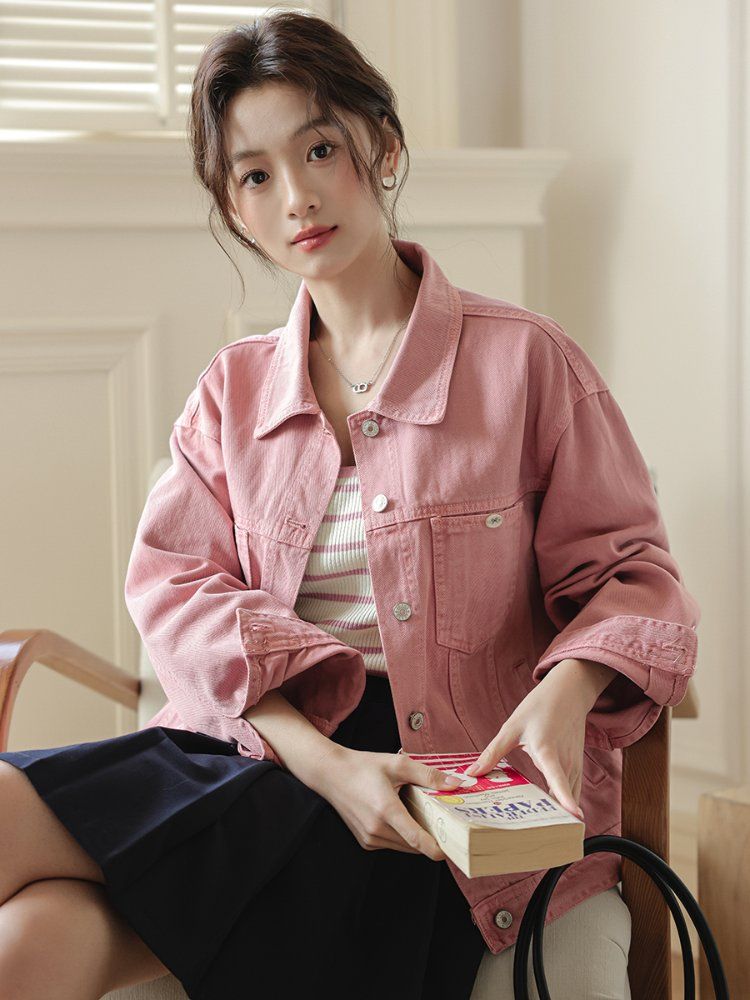 베이직 데님 코튼 면자켓 여성 간절기 아우터 봄 가을 핑크 아이보리 - 상세 이미지 3