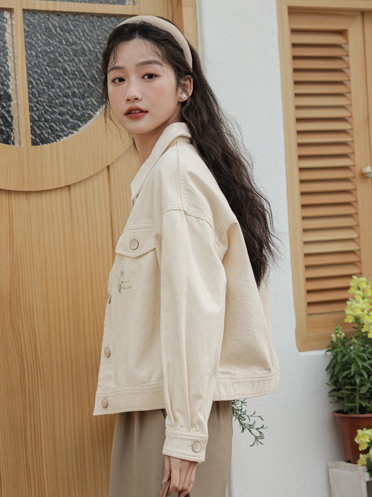 플라워 자수 카라 면자켓 여성 간절기 아우터 봄 가을 아이보리 라이트그린 - 상세 이미지 3